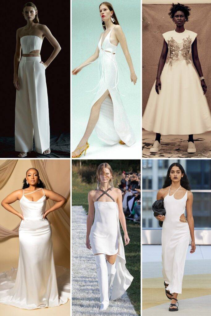 Na zdjęciu: NDS the Label Bridal 2022; Galvan Bridal jesień 2021; Alexander McQueen RTW jesień 2021; Pantora Bridal jesień 2021; Courrèges wiosna 2022; Jonathan Simkhai RTW wiosna 2022.